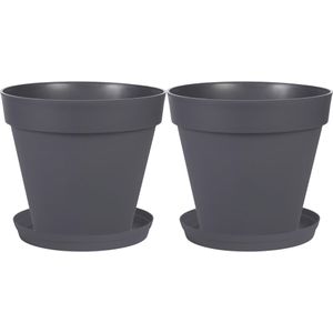 Set van 2x stuks bloempotten Toscane kunststof antraciet grijs D20 x H17 cm inclusief onderschalen D15 cm - Plantenpotten set