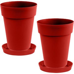 Set van 2x stuks bloempotten Toscane kunststof rood D44 x H53 cm inclusief onderschalen D35 cm