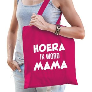 Hoera ik word mama cadeau katoenen tas fuchsia roze voor dames - Cadeau aanstaande mama - Feest Boodschappentassen