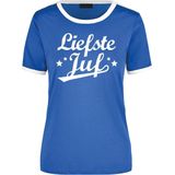 Liefste juf blauw wit ringer t-shirt voor dames - Einde schooljaar juffendag lerares cadeau shirt