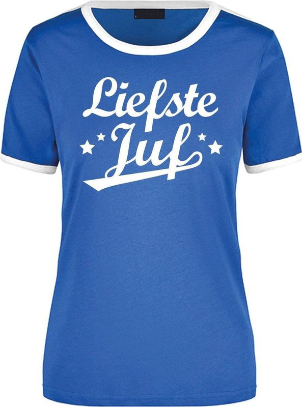 Liefste juf blauw wit ringer t-shirt voor dames - Einde schooljaar juffendag lerares cadeau shirt