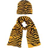 Luxe kinder winterset sjaal en muts tijger print okergeel - Warme winter mutsen en sjaals voor kinderen