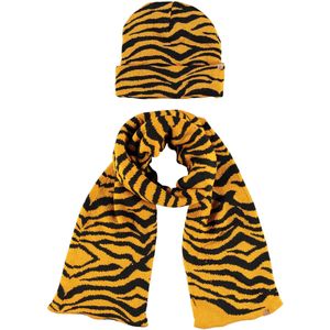 Luxe kinder winterset sjaal en muts tijger print okergeel - Warme winter mutsen en sjaals voor kinderen