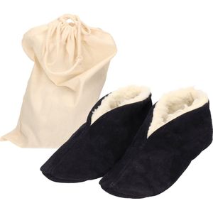 Navy blauwe Spaanse sloffen/pantoffels van echt leer/suede maat 36 met opbergzak - Pantoffels