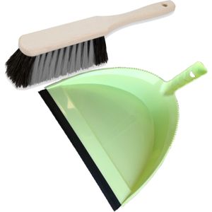 Stoffer en blik groen van kunststof/hout met lip voor binnen - Zachte borstel/handveger