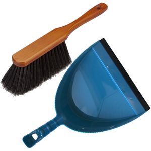 Stoffer en blik blauw van kunststof/hout met lip voor binnen - Stoffer en blik