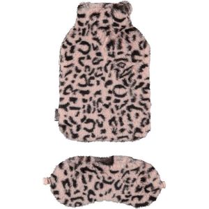 Superzachte fluffy cheetah/luipaard print warmwaterkruik en slaapmasker cadeau set roze - 30 x 20 cm
