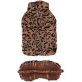 Superzachte fluffy cheetah/luipaard print warmwaterkruik en slaapmasker cadeau set bruin - 30 x 20 cm