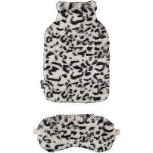 Superzachte fluffy cheetah/luipaard print warmwaterkruik en slaapmasker cadeau set wit