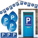 Feestversiering voordeel pakket met Pensioen thema - ballonnen, poster, vlaggenlijnen en onderzetters