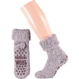 Dames anti-slip wollen huissokken/slofsokken aubergine/grijs maat 35-38
