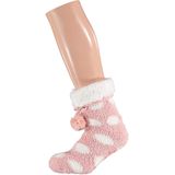Dames anti-slip fleece huissokken/slofsokken one size roze met witte stippen