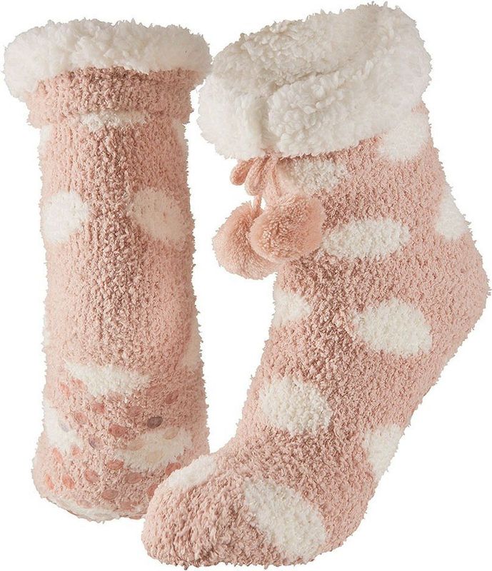 Dames anti-slip fleece huissokken/slofsokken one size roze met witte stippen