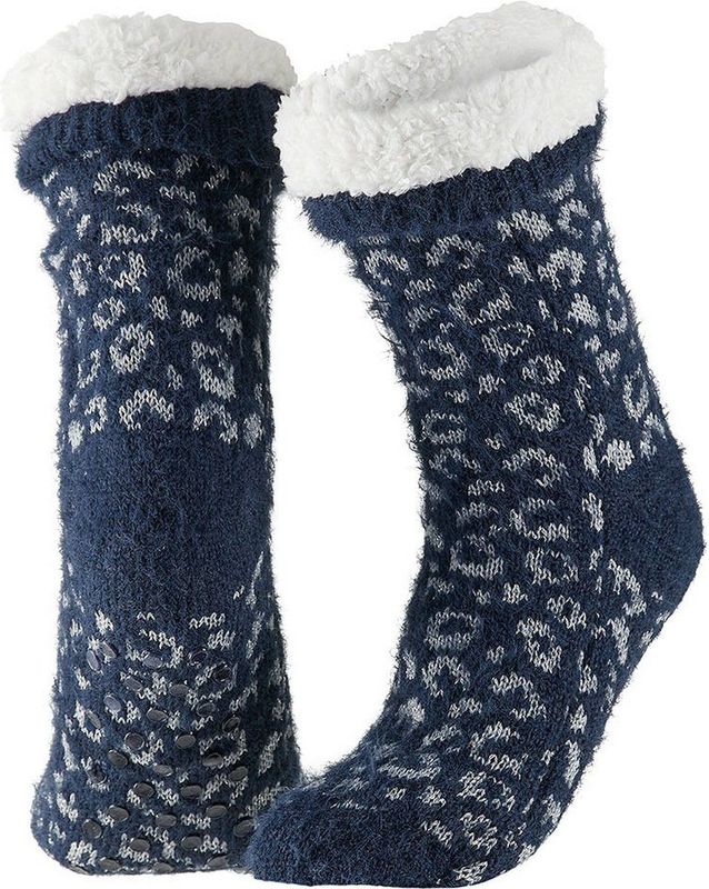 Dames anti-slip fleece huissokken/slofsokken luipaard print zwart one size