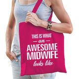 Awesome midwife / geweldige verloskundige cadeau tas fuchsia roze voor dames - kado tas / bedankt / beroep cadeau tas