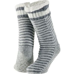 Dames anti-slip rib gebreide/fleece huissokken/slofsokken grijs one size