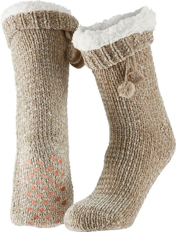 Dames anti-slip fleece huissokken/slofsokken beige one size