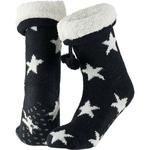 Dames anti-slip fleece/gebreide huissokken/slofsokken zwart met witte sterren one size