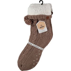 Dames anti-slip fleece/gebreide huissokken/slofsokken donker bruin one size - Huissokken