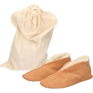 Beige Spaanse kinder sloffen/pantoffels van echt leer/suede maat 34 met opbergzak - sloffen - kinderen