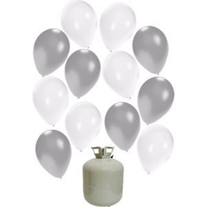 Versier je bruiloft met 50x wit/zilveren helium ballonnen en een helium tank/cilinder