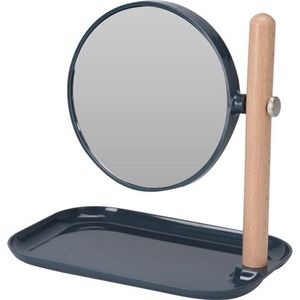 Make up spiegel rond dubbelzijdig metaal navy blauw 22 x 14 x 23 cm - Opmaken - Cosmeticaspiegels - Dubbelzijdige spiegels