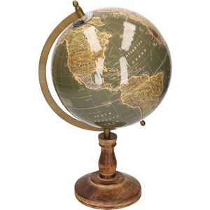Decoratie wereldbol/globe petrol groen op mangohouten voet/standaard 23 x 38 cm - Wereldbal - Landen/contintenten topografie in het Engels - Woonaccessoires/woondecoraties