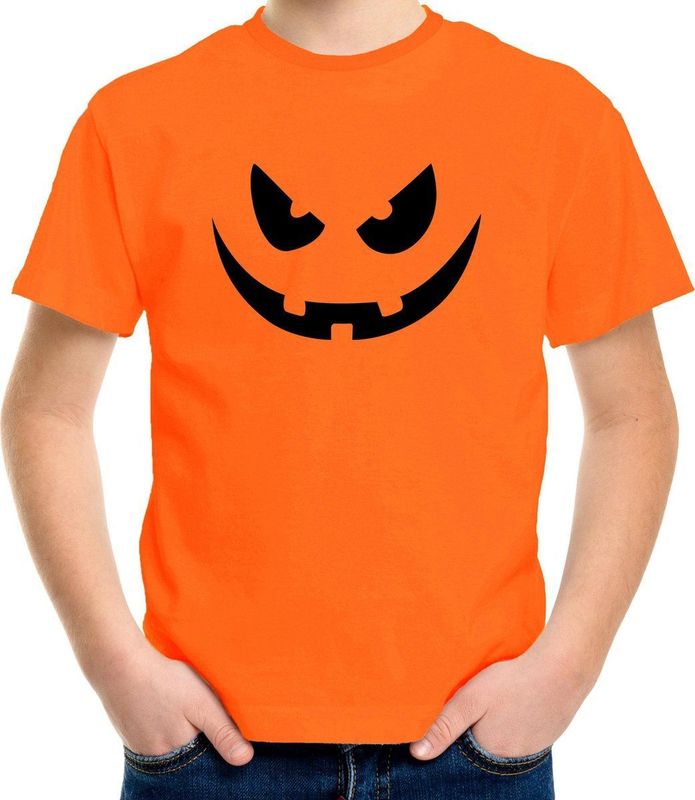 Bellatio - Pompoen Gezicht - T-shirt - Oranje - Katoen