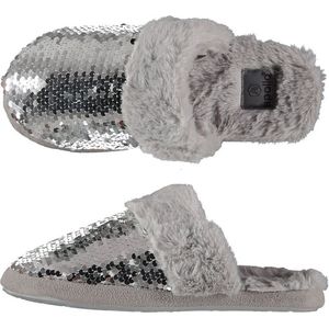 Dames instap slippers/pantoffels met pailletten grijs