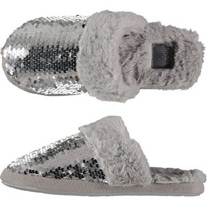 Dames instap slippers/pantoffels met pailletten grijs maat 39-40