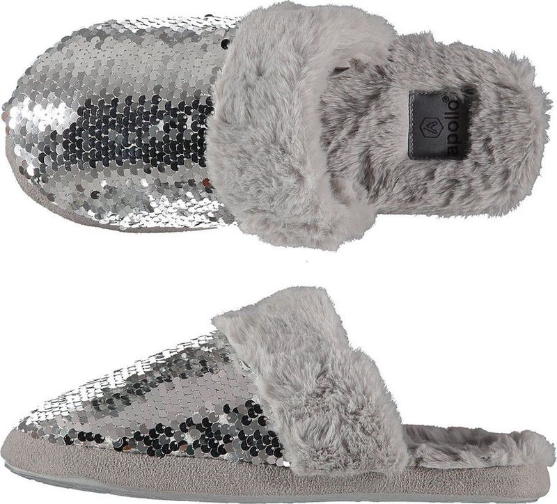 Dames instap slippers/pantoffels met pailletten grijs