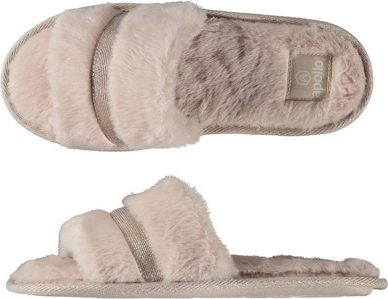 Dames huisslippers instapsloffen pantoffels met bont - beige