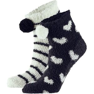 Dames bedsokken/huissokken 2-pack wit/zwart strepen/hartjes one size - Slaapsokken - Slofsokken