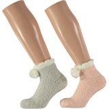 Dames bedsokken/huissokken 2-pack grijs/roze one size - Slaapsokken - Slofsokken