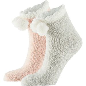 Dames bedsokken/huissokken 2-pack grijs/roze one size - Slaapsokken - Slofsokken