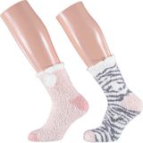 Dames bedsokken/huissokken 2-pack roze/zebra print one size