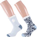 Dames bedsokken/huissokken 2-pack licht blauw/zebra print one size