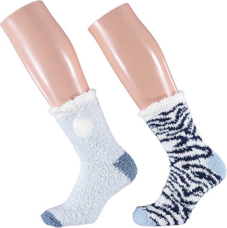 Dames bedsokken/huissokken 2-pack licht blauw/zebra print one size