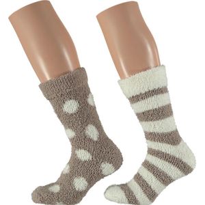 Dames bedsokken/huissokken 2-pak wit/taupe stippen/strepen maat 36-41