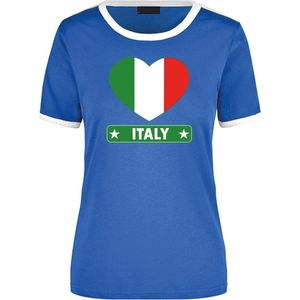 Italy Blauw/Wit Ringer T-shirt Italie Vlag In Hart - Dames - Landen Shirt