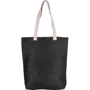 Jute canvas katoenen schoudertasje in het zwart 38 x 42 cm met lange ecru hengsels - Boodschappentassen - Goodie bags