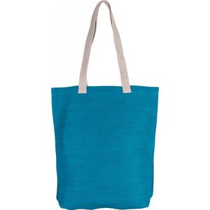 Jute canvas katoenen schoudertasje in het turquoise blauw 38 x 42 cm met lange ecru hengsels - Boodschappentassen - Goodie bags