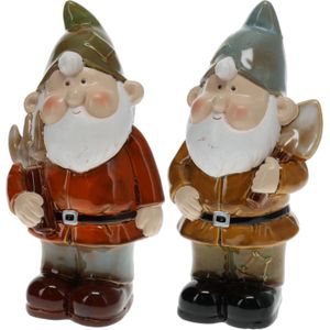 Set van 2x stuks tuinkabouters geel met schep en rood met hark 27 cm decoratie beeld