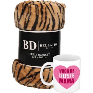 Cadeau moeder set - Fleece plaid/deken tijger print met Liefste Mama mok