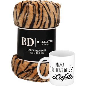 Cadeau moeder set - Fleece plaid/deken tijger print met Mama jij bent de liefste mok - Mama ontspanning cadeau kerst, moederdag, verjaardag