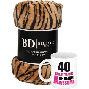 Cadeau Verjaardag 40 Jaar Vrouw - Fleece Plaid/Deken Tijger Print met 40 Great Years Awesome Mok