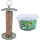 Vogel voedersilo RVS 27 cm inclusief 4-seizoenen energy vogelvoer - Vogel voederstation - Vogelvoederhuisje