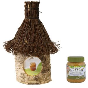 Vogelhuisje/voederhuisje/pindakaashuisje berkenhout met rieten/tenen dak 36 inclusief vogelpindakaas