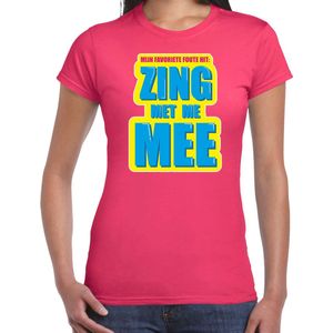 Bellatio Decorations - Foute Party Zing Met Me Mee - T-shirt - Fuchsia Roze - Dames