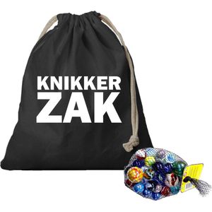 Canvas knikker opbergzakje zwart bedrukt met Knikkerzak en 1 kilo knikkers en bonken - Knikkerspel